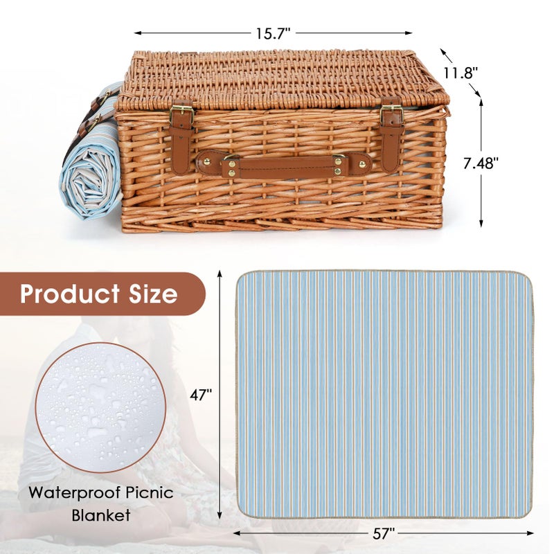HappyPicnic Wicker Picnic Basket Set for 4 Persons | Large Willow Hamper with Large Insulated Cooler Compartment, Waterproof Blanket and Cutlery Service Kit-Classical Brown - Image 5