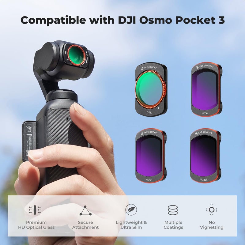 K&F Concept مجموعة فلاتر K&F CONCEPT K-Series CPL ND متوافقة مع ملحقات DJI OSMO Pocket 3 Creator Combo، فلاتر الاستقطاب المحايدة ND16 ND64 ND256 للكاميرات الرياضية، زجاج بصري عالي الدقة - Image 4