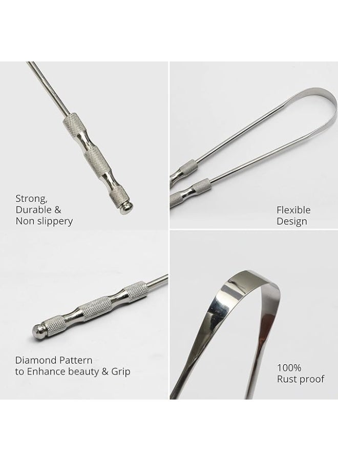 أداة كشط للعناية باللسان للبالغين من فولاذ مقاوم للصدأ بنسبة 100% - أفضل منظف لسان معدني لتحسين نظافة الفم، عبوة من قطعتين - Image 2