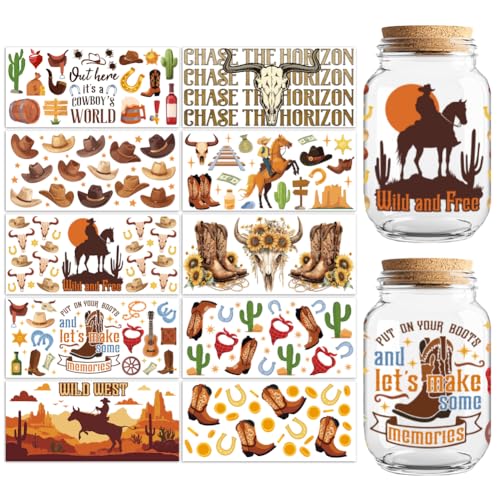 Peacoblue UV DTF Cup Wraps Transfer Stickers Western Cowboys Pattern, 10 Sheets Waterproof Custom Vinyl Transfer Sticker 16oz Coffee Glass Cup Tumbler Bottle Mug Decals for Men Women - Image 1