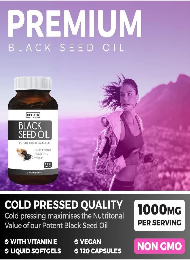 Healths Harmony - Black Seed Oil - 120 Softgel Capsules (Non-GMO & Vegan) Premium Cold-Pressed Nigella Sativa Producing Pure Black Cumin Seed Oil with Vitamin E - 500mg Each, 1000mg Per 2 Capsule Serving - Image 1