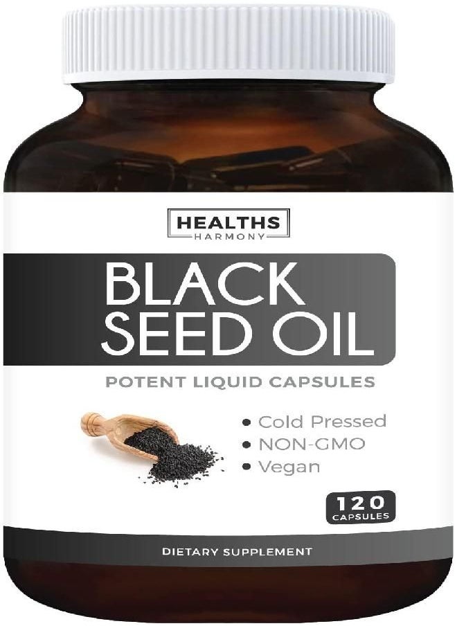 Healths Harmony - Black Seed Oil - 120 Softgel Capsules (Non-GMO & Vegan) Premium Cold-Pressed Nigella Sativa Producing Pure Black Cumin Seed Oil with Vitamin E - 500mg Each, 1000mg Per 2 Capsule Serving - Image 1