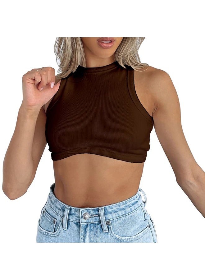 Abardsion Women's Crew Neck Racerback Knit Ribbed Basic Sleeveless Crop Tank Tops, Brown, S - Image 1