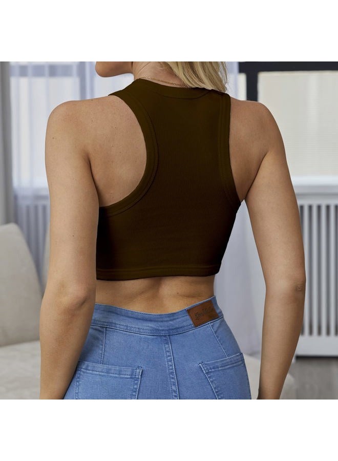 Abardsion Women's Crew Neck Racerback Knit Ribbed Basic Sleeveless Crop Tank Tops, Brown, S - Image 2