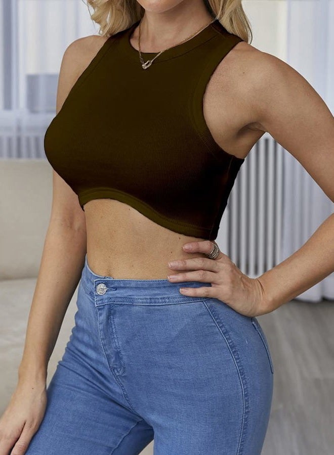 Abardsion Women's Crew Neck Racerback Knit Ribbed Basic Sleeveless Crop Tank Tops, Brown, S - Image 3