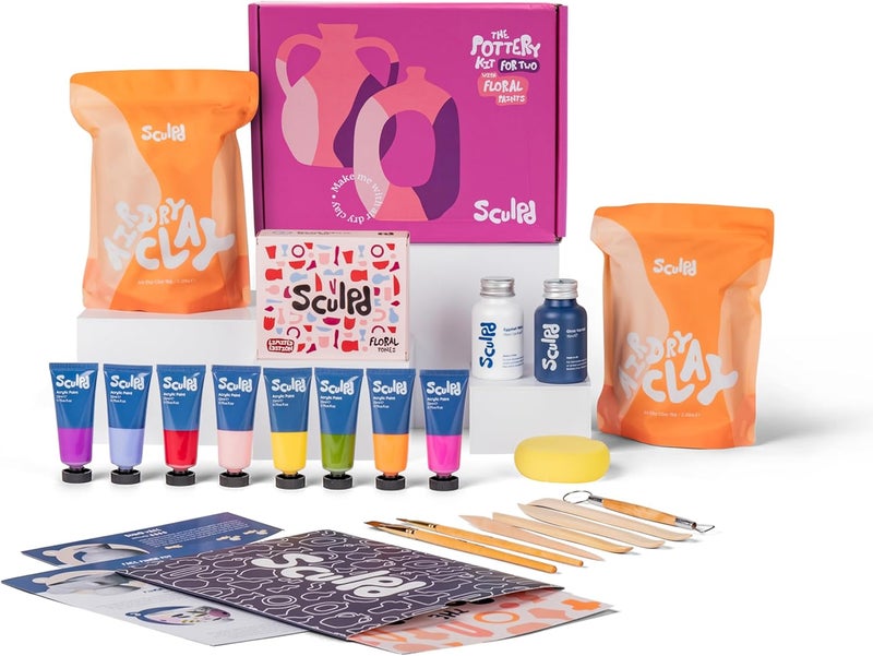 Sculpd - The Original Pottery Kit for Adults - Air Dry Clay for Adults, Tools, Varnish, Paints, Brushes, Couples Date Night Arts & Crafts Set, Gloss Varnish with Floral Tones - Image 1