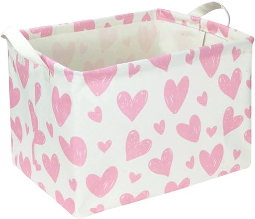 NTAOHAMPER 24L Childrens Day Father Gifts Pink Heart Fabric Storage Basket Empty with Handles Books Box Lovely Storage Pink Heart - Image 1
