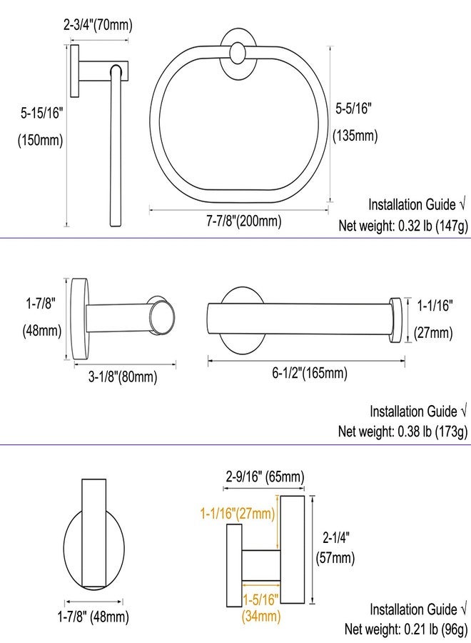 Angle Simple Bathroom Hardware Set 4-Piece Brushed Gold, Angle Simple SUS304 Stainless Steel Bathroom Fixtures Accessory Kit with Towel Hook X 2, Toilet Paper Holder and Rotary Towel Ring, Wall Mount - Image 2