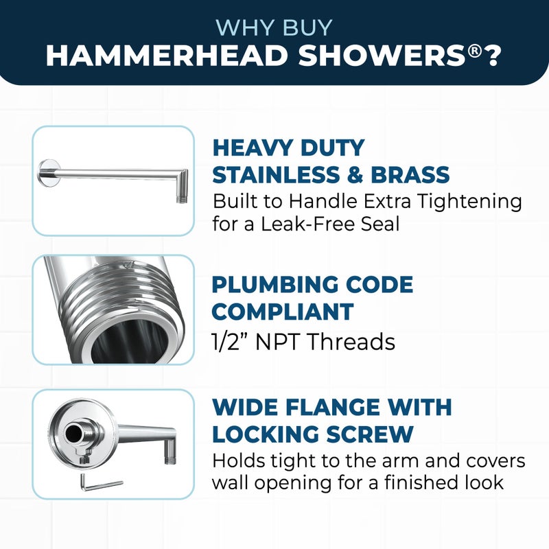 HammerHead ShowersÂ® Solid Metal 16 Inch Extended Shower Arm and Flange with Set Screw, Long Shower Arm, Extends Rain Shower Overhead, Wall-Mounted Rain Shower Arm, Chrome - Image 2