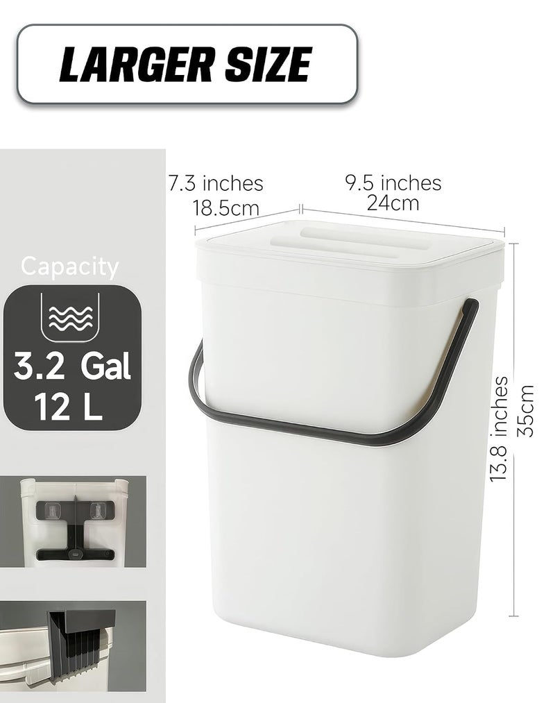 MONGTINGLU Kitchen Compost Bin - 3.2 Gallons Hanging Trash Can with Lid for Kitchen Bathroom, Under Sink Trash Can, Outdoor Compost Bucket with Lid, 12L(White) - Image 2