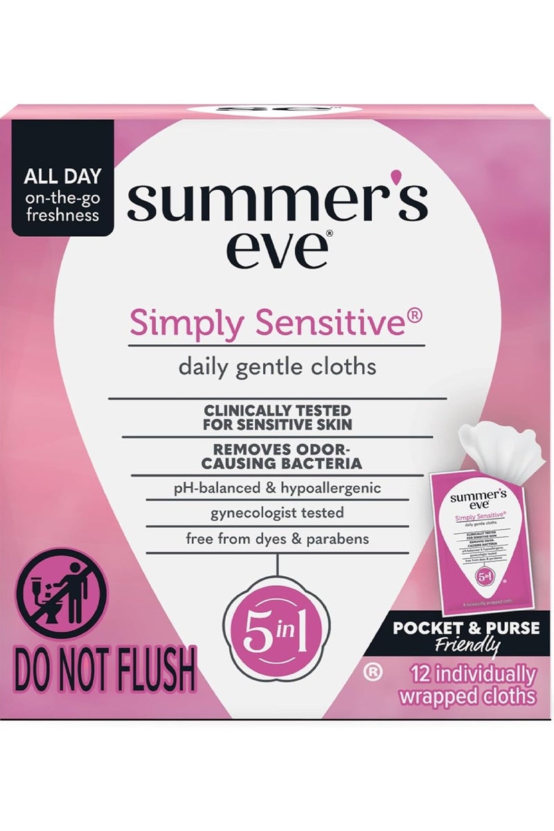 Summer's Eve Simply Sensitive Daily Refreshing Feminine Wipes, Removes Odor, pH Balanced, 12 Count, 1 Pack - Image 1
