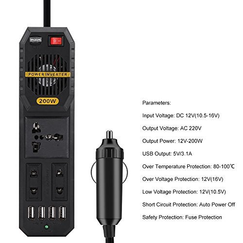 Keenso محول طاقة السيارة 200 واط، محول طاقة السيارة DC 12V إلى AC 220V مع 4 منافذ USB ولاعة سجائر - Image 4