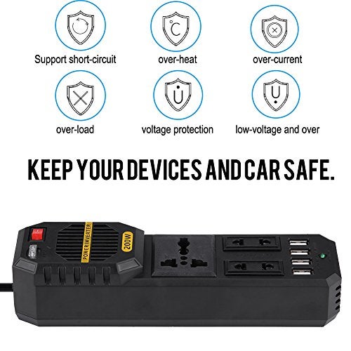 Keenso محول طاقة السيارة 200 واط، محول طاقة السيارة DC 12V إلى AC 220V مع 4 منافذ USB ولاعة سجائر - Image 3
