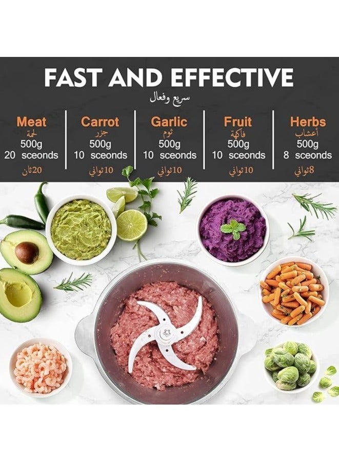 PRIMO PLUS Electric Meat Grinder 2 L Silver ,Stainless Steel Electric Food Chopper Food Processor Machine for Meat, Vegetables, Fruits and Nuts, Fast & Slow 2 Speed - Image 4