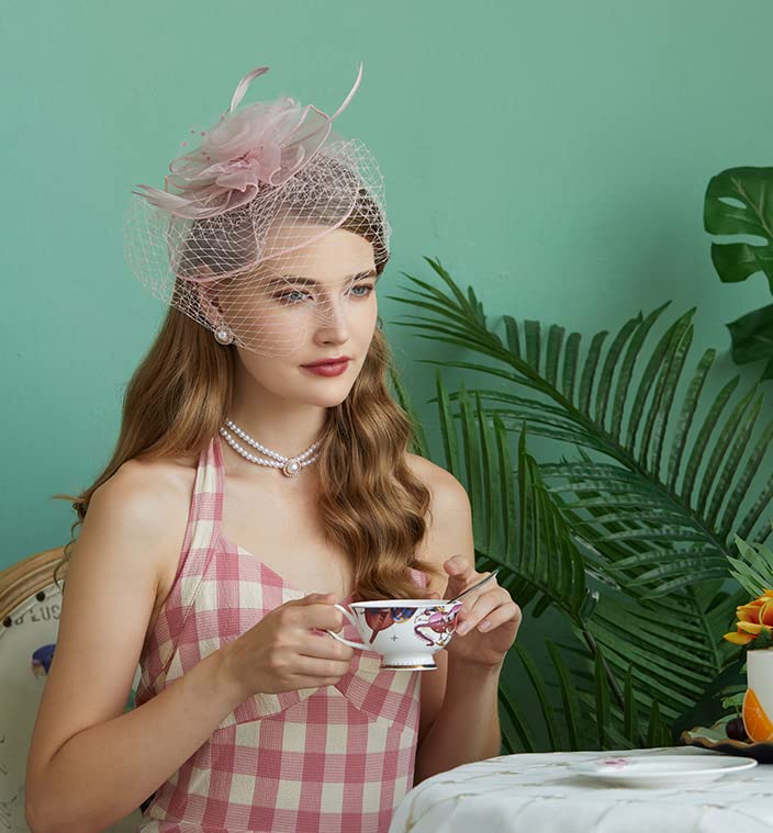Cizoe Fascinators Hats 20s 50s Hat Pillbox Hat Cocktail Tea Party Headwear with Veil for Girls and Women(D-Blush Pink) - Image 2