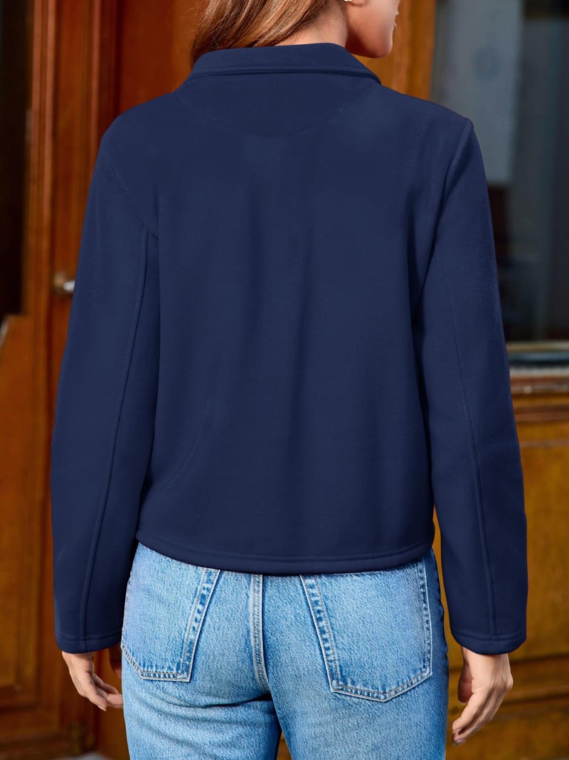 Fisoew Womens Cropped Blazers Business Casual Loose Fit Suits Double Breasted Open Front Cotton Blazer Jacket Navy - Image 5