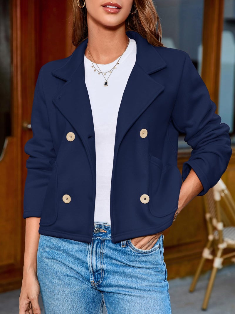 Fisoew Womens Cropped Blazers Business Casual Loose Fit Suits Double Breasted Open Front Cotton Blazer Jacket Navy - Image 2