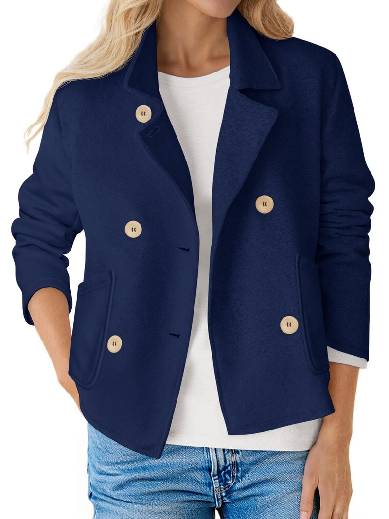 Fisoew Womens Cropped Blazers Business Casual Loose Fit Suits Double Breasted Open Front Cotton Blazer Jacket Navy - Image 1