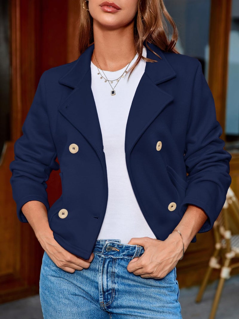 Fisoew Womens Cropped Blazers Business Casual Loose Fit Suits Double Breasted Open Front Cotton Blazer Jacket Navy - Image 3