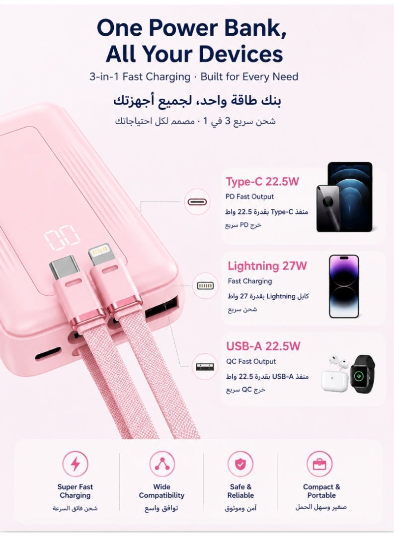 Power Bank, 20,000mAh 22.5W High-Speed Portable Charger with Built-In USB-C Cable, Battery Pack For iPhone 17/17 Air/17 Pro/17 Pro Max/16 Series, Galaxy, and More (20000 mAh) - Image 3