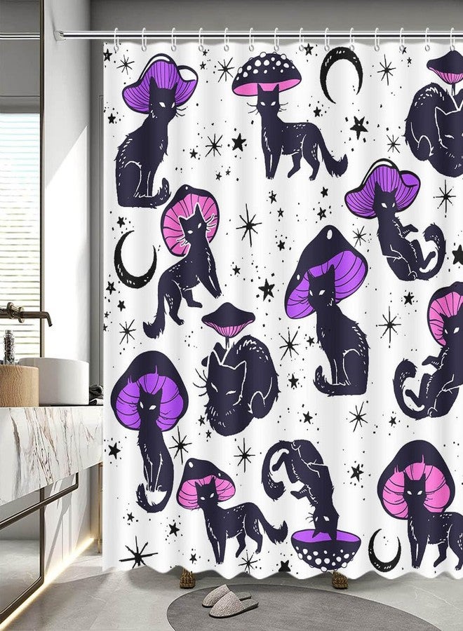 MEHOFOND Funny Cat Mushroom Shower Curtain Unique Black Cat Colorful Mushroom Shower Curtain for Bathroom Fun Hilarious 70s 80s Aesthetic Kids Art Fabric Waterproof Bathroom Decor 72 x 72 Inches - Image 1