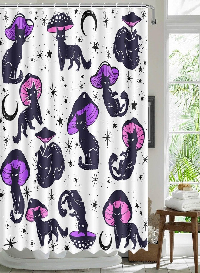 MEHOFOND Funny Cat Mushroom Shower Curtain Unique Black Cat Colorful Mushroom Shower Curtain for Bathroom Fun Hilarious 70s 80s Aesthetic Kids Art Fabric Waterproof Bathroom Decor 72 x 72 Inches - Image 2