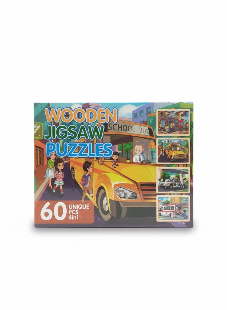 Kids Wooden Puzzle Box – 4 Different Scenes, 60 Pieces - Image 1