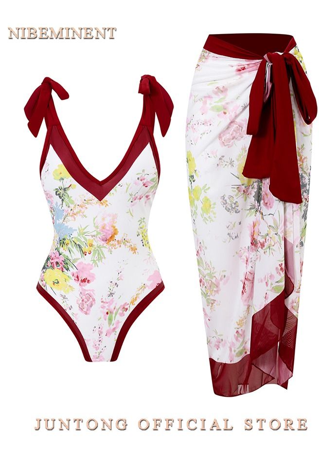 NIBEMINENT Women 2 Pieces Beach Swimsuit Floral Print Tropical Bikini Swimsuit with Cover up Wrap Skirt Bathing Suits  - Image 1