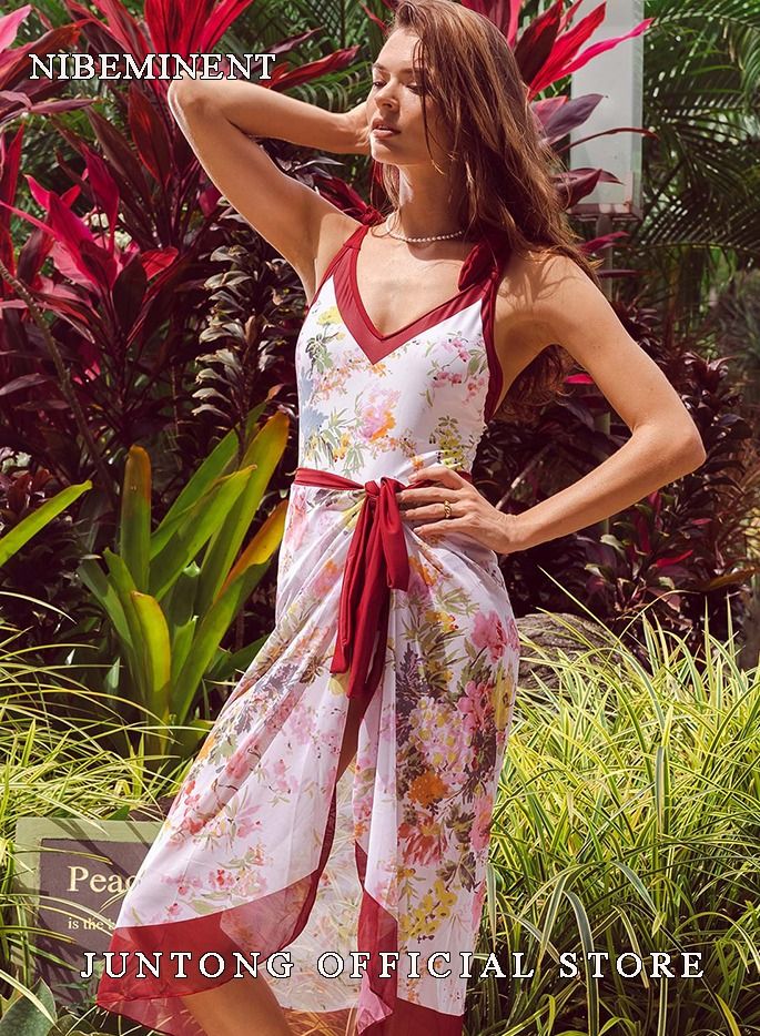 NIBEMINENT Women 2 Pieces Beach Swimsuit Floral Print Tropical Bikini Swimsuit with Cover up Wrap Skirt Bathing Suits  - Image 5