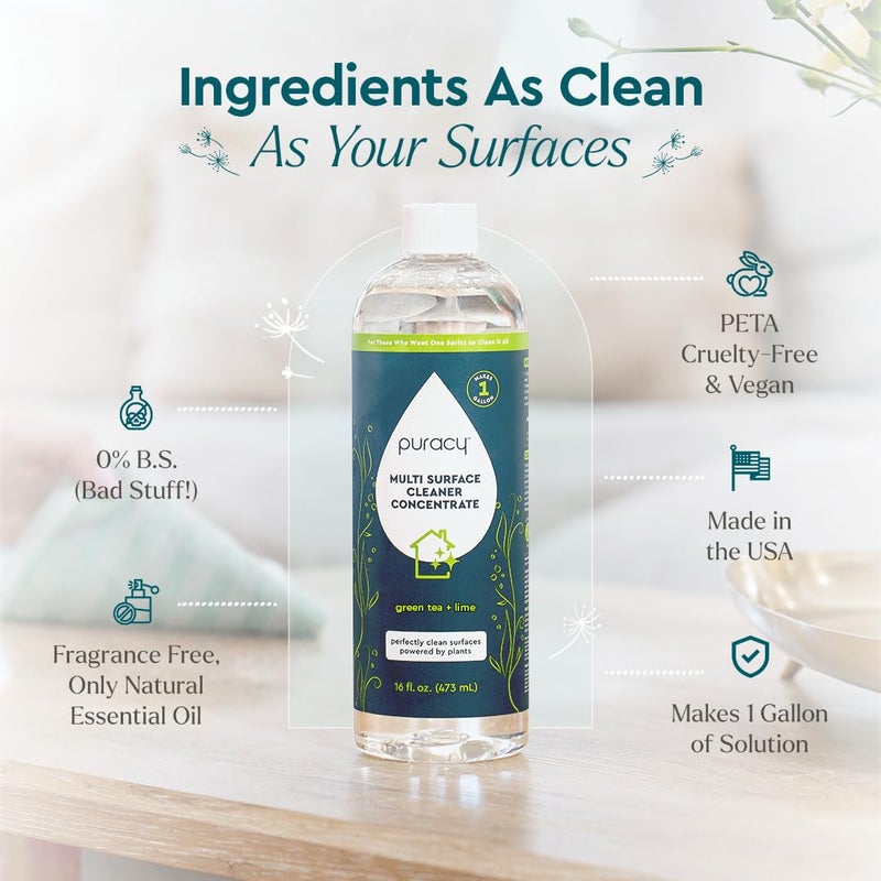 Puracy 99.9% Natural All Purpose Cleaner Concentrate - Makes 128oz Multi Purpose Cleaner - Green Tea & Lime - Surface Cleaner, Floor Cleaner, Kitchen, Cleaner, Bathroom Cleaner - Cleaning supplies - Image 4