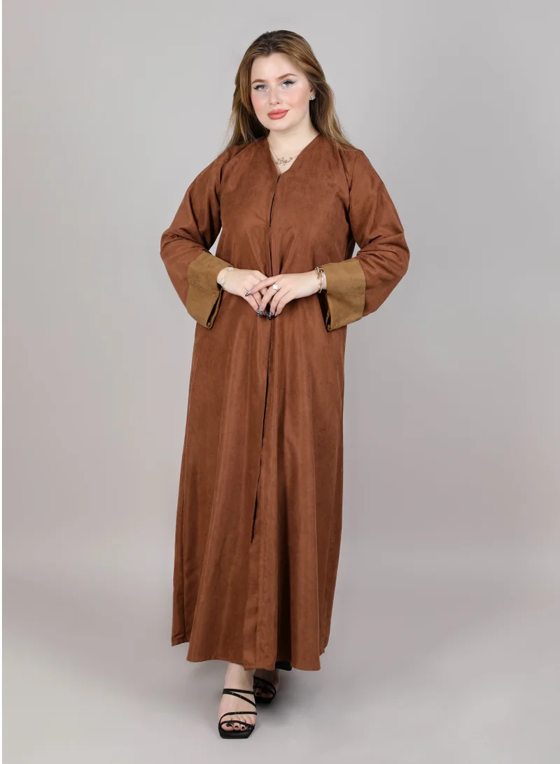 أم سكوير فاشن MSquare Fashion V Neck Plain Brown Shamua Casual Abaya