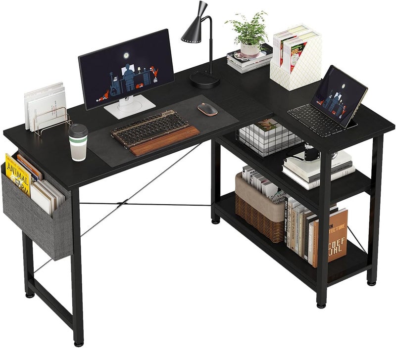 SKY-TOUCH L-Shaped Computer Desk,Study Desk,Corner Gaming Table,With Storage Bag&Storage Shelves,Modern Study Writing Table For Home,Office,Workstation, Office Design,46.5 X 31.5 X 29 Inch,Black - Image 1