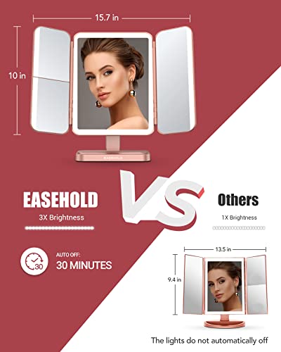 EASEHOLD Rechargeable Lighted Makeup Mirror, 3-Sided LED Vanity Mirror, 116 LEDs, 5000mAh, No Shadow Lighting, 2X/3X/Magnification, 3 Color Modes, Large Trifold Mirror for Makeup Desk, Gifts for Women - Image 3