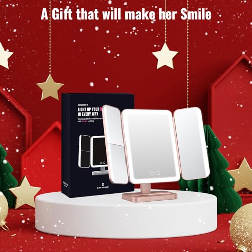 EASEHOLD Rechargeable Lighted Makeup Mirror, 3-Sided LED Vanity Mirror, 116 LEDs, 5000mAh, No Shadow Lighting, 2X/3X/Magnification, 3 Color Modes, Large Trifold Mirror for Makeup Desk, Gifts for Women - Image 2