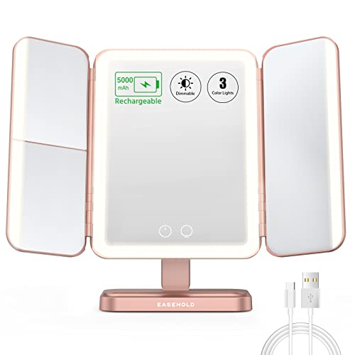 EASEHOLD Rechargeable Lighted Makeup Mirror, 3-Sided LED Vanity Mirror, 116 LEDs, 5000mAh, No Shadow Lighting, 2X/3X/Magnification, 3 Color Modes, Large Trifold Mirror for Makeup Desk, Gifts for Women - Image 1