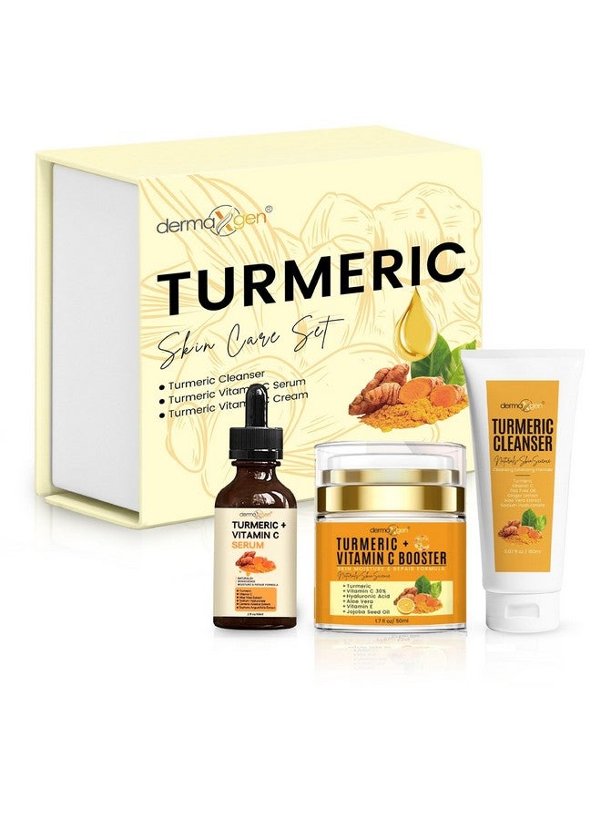 مرطب معزز للتوهج، مكونات عضوية، مضادة للشيخوخة، تقلل من حب الشباب، مزيل البقع الداكنة، منظف، كريم مرطب، مصل كريم وزيت للبشرة الدهنية العادية، مجموعة مكونة من 3 قطع (مجموعة الكركم المتميزة)