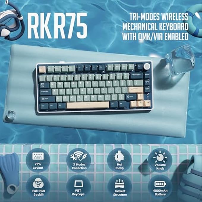 RK R75 MECHANICAL KEYBOARD WIRELESS 75%, GASKET GAMING KEYBOARD 75% TKL WITH BUTTON QWERTZ RGB BLUETOOTH/2.4G/USB-C PBT KEYCAPS QMK/VIA, HOT SWAP LINEAR CREAMY SWITCHES - Image 2