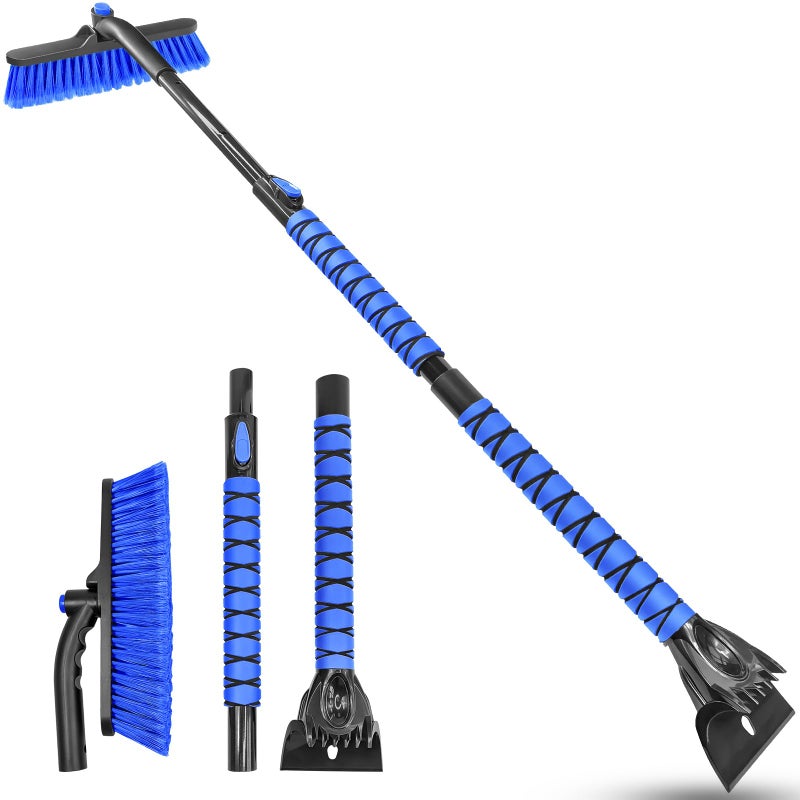 HEEYA 51 Inch Snow Brush for Trucks, Extendable Long Handle Ice Scraper with Brush with Foam Grip, SUV Heavy Duty Snow Brush with Ice Scraper for Car Auto Jeep RV Vehicle Windshield Window - Blue - Image 1