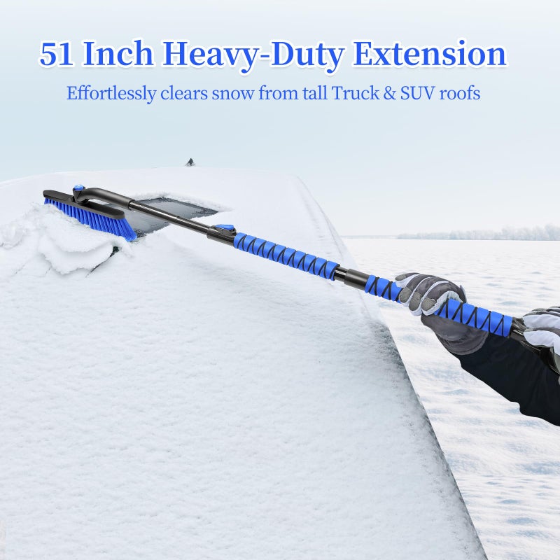 HEEYA 51 Inch Snow Brush for Trucks, Extendable Long Handle Ice Scraper with Brush with Foam Grip, SUV Heavy Duty Snow Brush with Ice Scraper for Car Auto Jeep RV Vehicle Windshield Window - Blue - Image 2