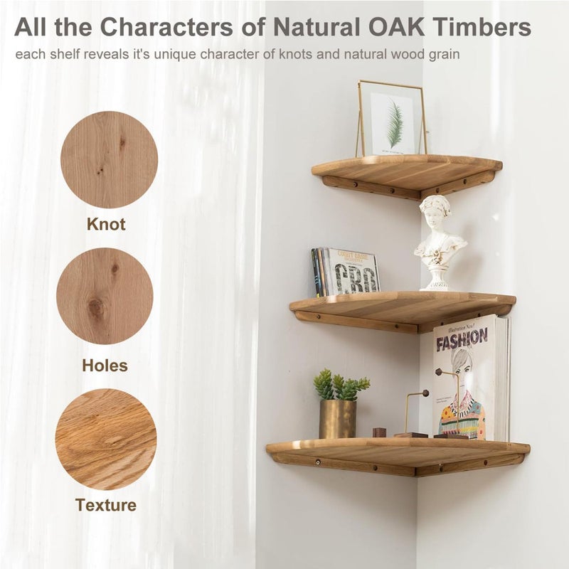 Conamily Corner Shelf, Solid Oak Wood Floating Corner Shelf Wall Mount Round End Floating Speaker Shelves with Wire Hole for Small Plant Photo for Bedroom Kitchen, Living Room - Image 5