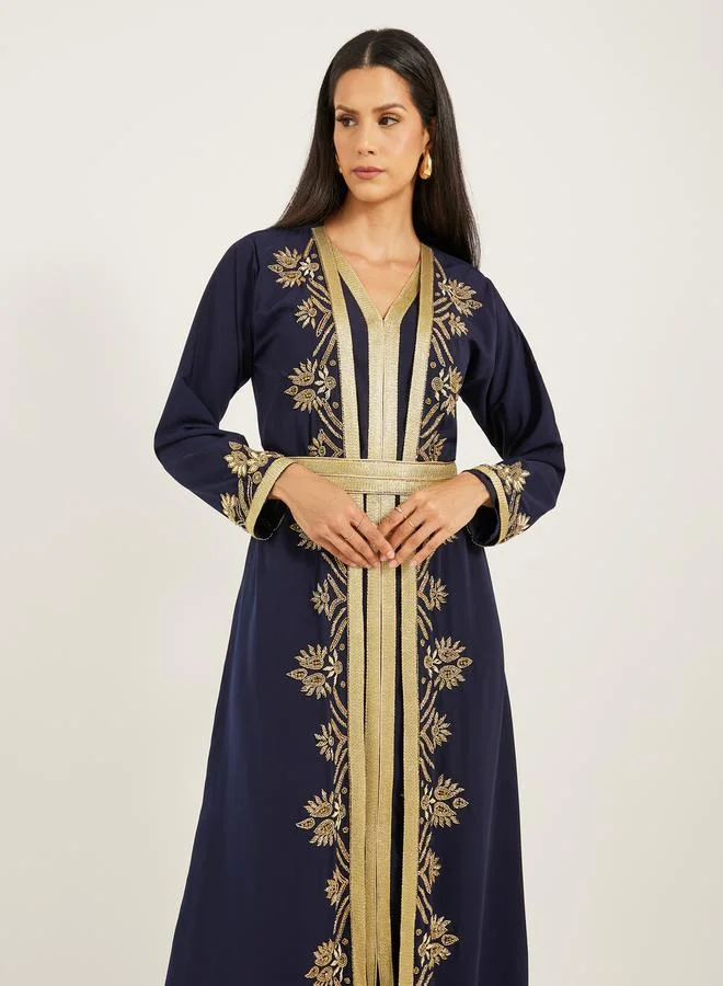 Styli Styli Embroidered V-Neck Belted A-Line Jalabyia