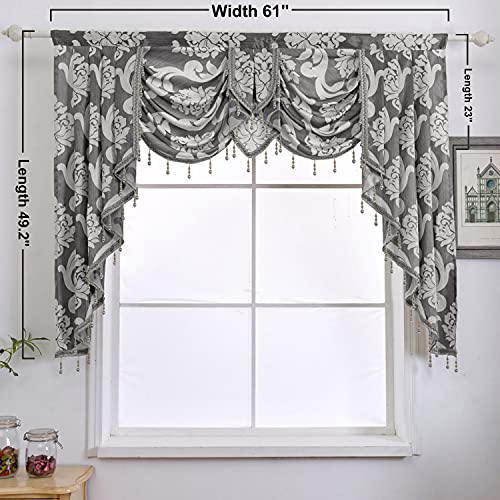 NAPEARL Grey Valances for Windows, Jacquard Swag Curtains for Living Room, Damask Waterfall Curtains Valance and Swags for Bedroom, Kitchen (1 Panel, 61-Inch Wide) - Image 3