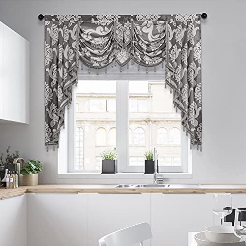 NAPEARL Grey Valances for Windows, Jacquard Swag Curtains for Living Room, Damask Waterfall Curtains Valance and Swags for Bedroom, Kitchen (1 Panel, 61-Inch Wide) - Image 2