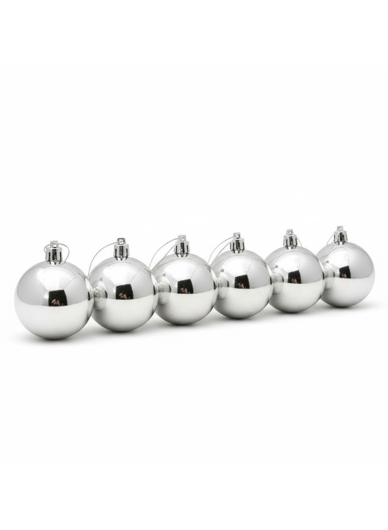Set of 6 Decorative Plastic Ornament Balls – Medium Size – Silver Color - Image 1