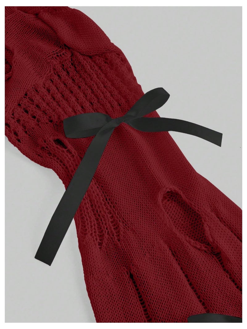 BEAUDRM Women's Crochet Bolero Shrug Hollow Out Ripped Bow Crop Top Goth Grunge Bell Sleeve Sweater Country Concert Outfits Burgundy Small - Image 5