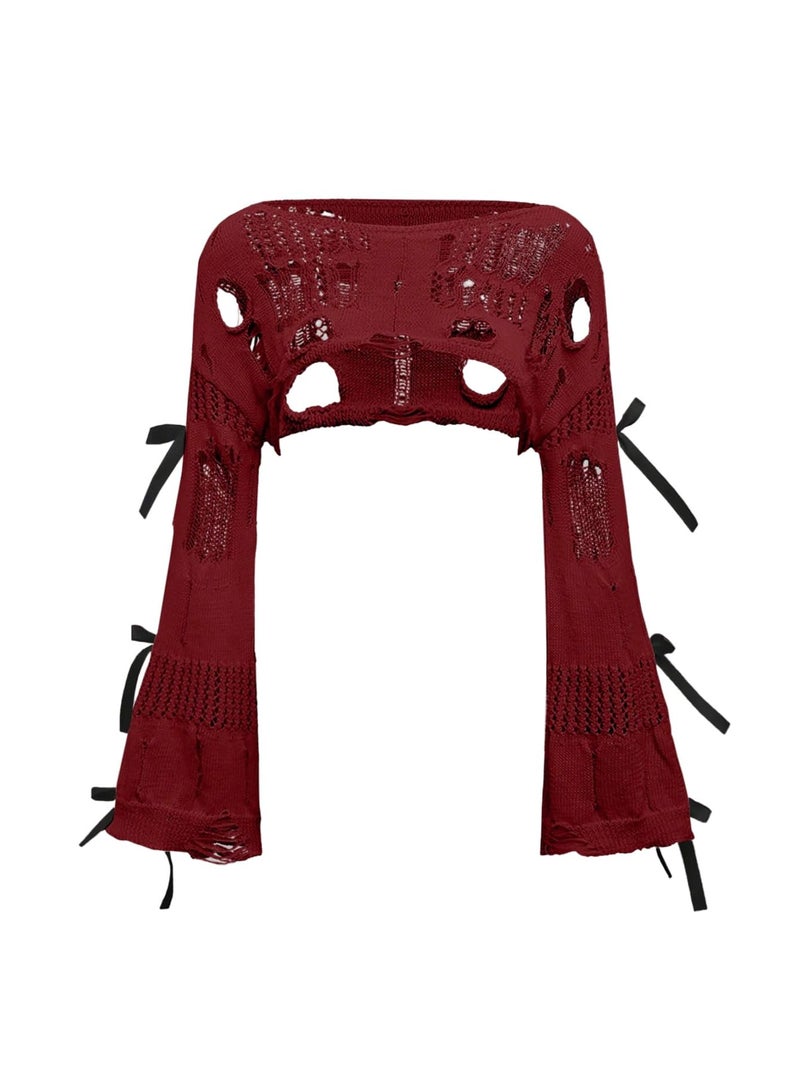 BEAUDRM Women's Crochet Bolero Shrug Hollow Out Ripped Bow Crop Top Goth Grunge Bell Sleeve Sweater Country Concert Outfits Burgundy Small - Image 1