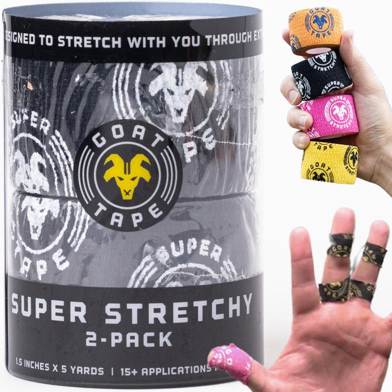 Goat Tape Super Stretchy Thumb Tape - Weightlifting Hook Grip Tape & WOD Tape for Cross Training, Gym Workout Tape, Athletic Finger Wrap - Flexes with Every Move - 15 Feet per Roll (Black 2-Pack) - Image 1
