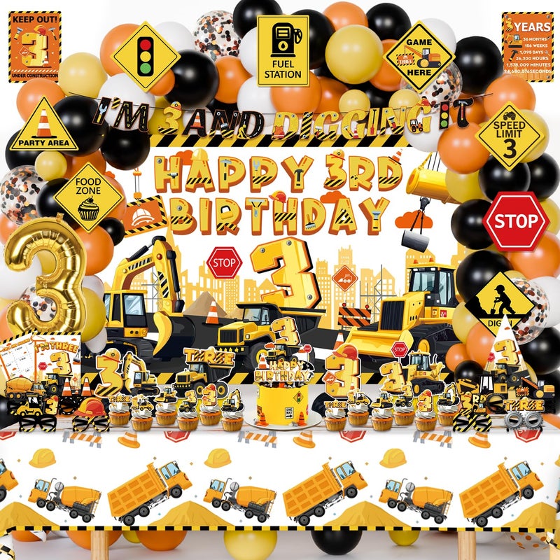 Mpanwen Construction 3rd Party Decorations 127Pcs Truck Construction 3rd Birthday Party Supplies for 3 Years Old Baby Boys  Backdrop Wall Signs Banner Tablecloth Hat Poster Paper Glasses - Image 3