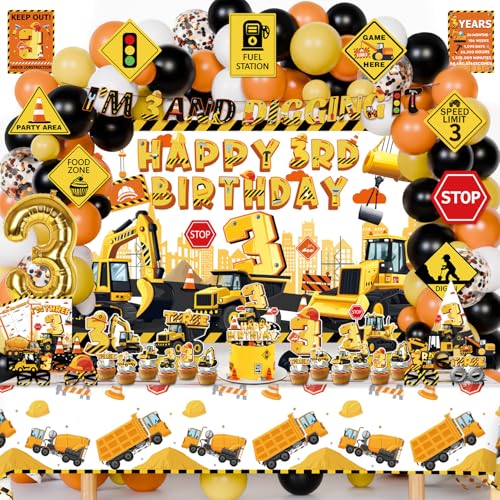 Mpanwen Construction 3rd Party Decorations 127Pcs Truck Construction 3rd Birthday Party Supplies for 3 Years Old Baby Boys  Backdrop Wall Signs Banner Tablecloth Hat Poster Paper Glasses - Image 1
