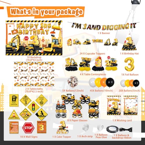 Mpanwen Construction 3rd Party Decorations 127Pcs Truck Construction 3rd Birthday Party Supplies for 3 Years Old Baby Boys  Backdrop Wall Signs Banner Tablecloth Hat Poster Paper Glasses - Image 5
